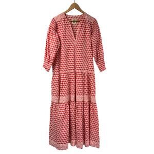 Daydress Block Print 100% Cotton Dress Small Pink Red 3D Print Smocked